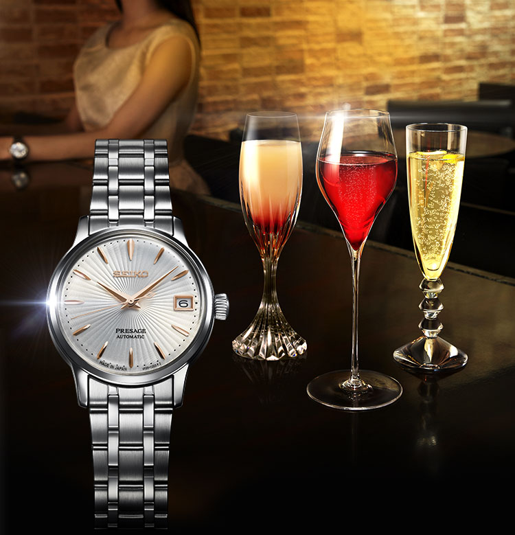 The photo of a series of watches inspired by the glamour of the cocktail bar. Ladies model