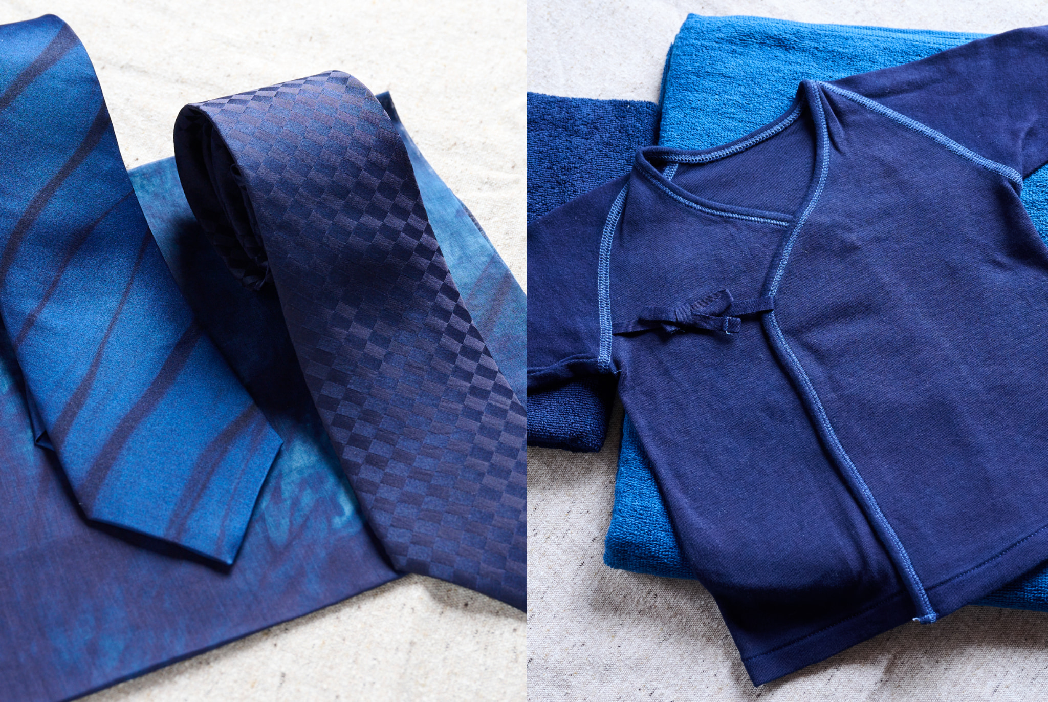 Foto de productos teñidos con índigo: chaquetas, camisas, corbatas y artículos de uso diario como pañuelos y toallas.