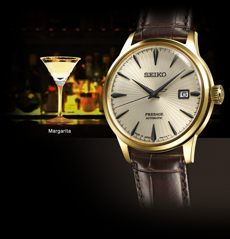 SRPB44 The champagne-gold model inspired by a cocktail, the Margarita. The glitter on the dial represents a scattering of snowflakes.