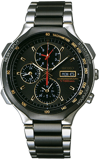1992 The first analog quartz chronograph to measure elapsed time in increments of 1/100th of a second