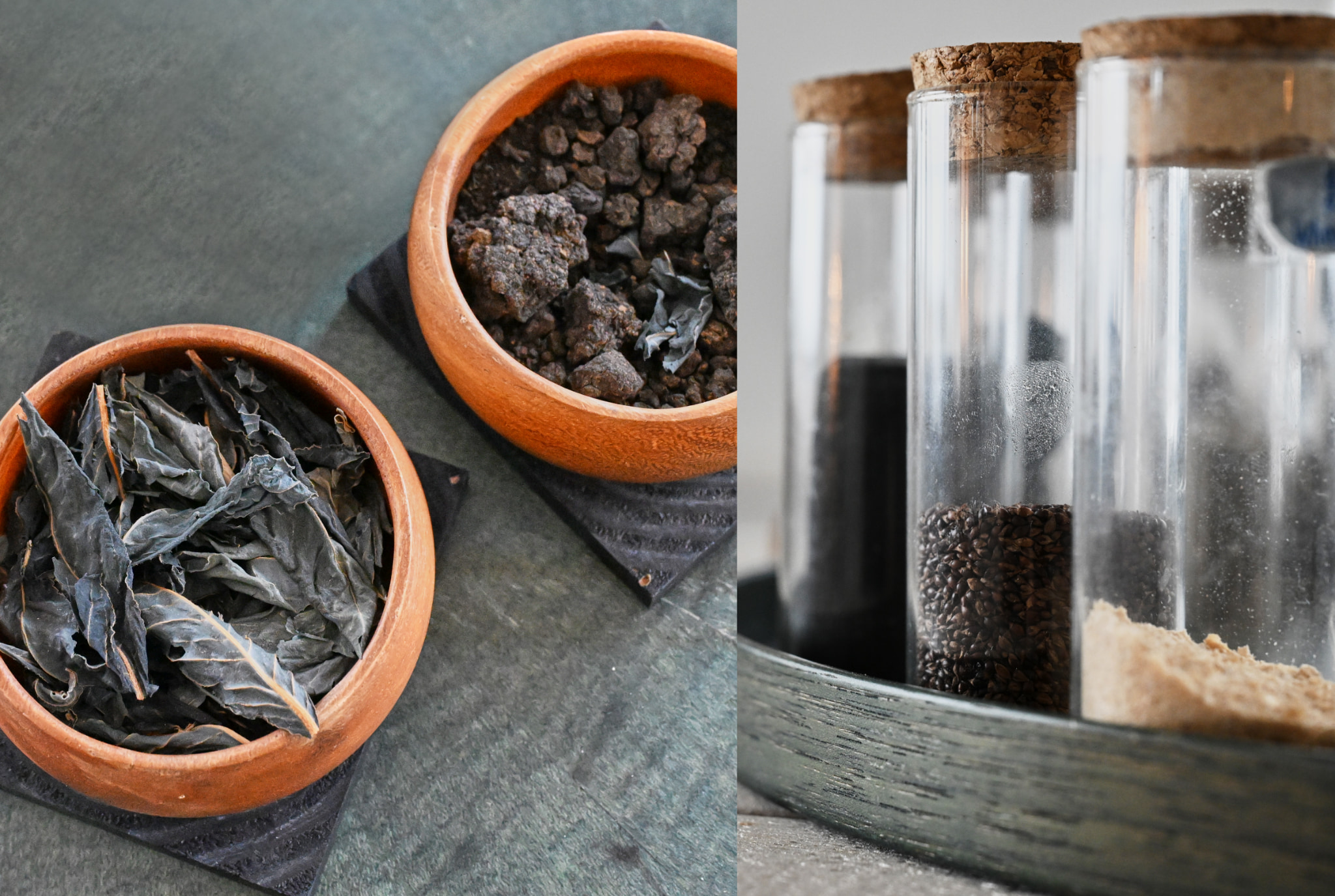 Photo of dried tadeai leaves, sukumo, indigo seeds, and wheat bran, alongside books on indigo dyeing