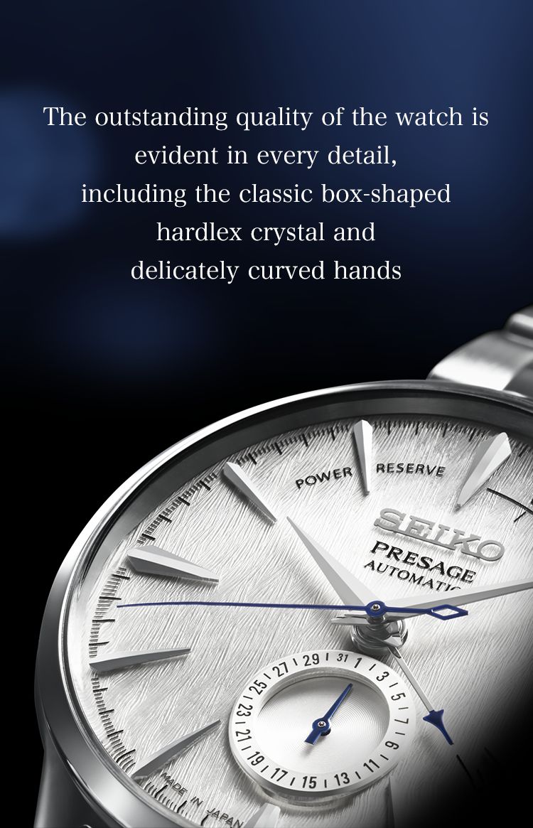 The outstanding quality of the watch is evident in every detail, including the classic box-shaped hardlex crystal and delicately curved hands