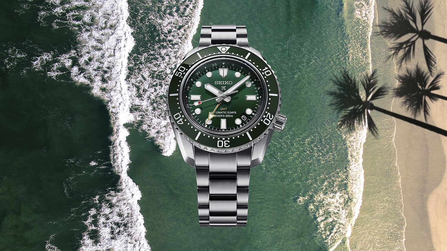 Relógio de mergulho mecânico com GMT, em aço e com mostrador e bisel verde (SPB381J1).
