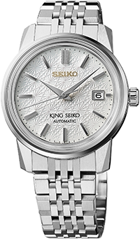 Relógio King Seiko SJE095J1 de edição limitada e numerada com mostrador branco com padrão de crisântemo.