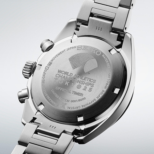 Tampa do Seiko Prospex Speedtimer de edição limitada dos Mundiais de Atletismo de 2025 (SSC955).