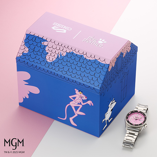 Estojo especial em forma de casa do relógio de edição limitada Seiko 5 Sports Pink Panther SRPM07K1.