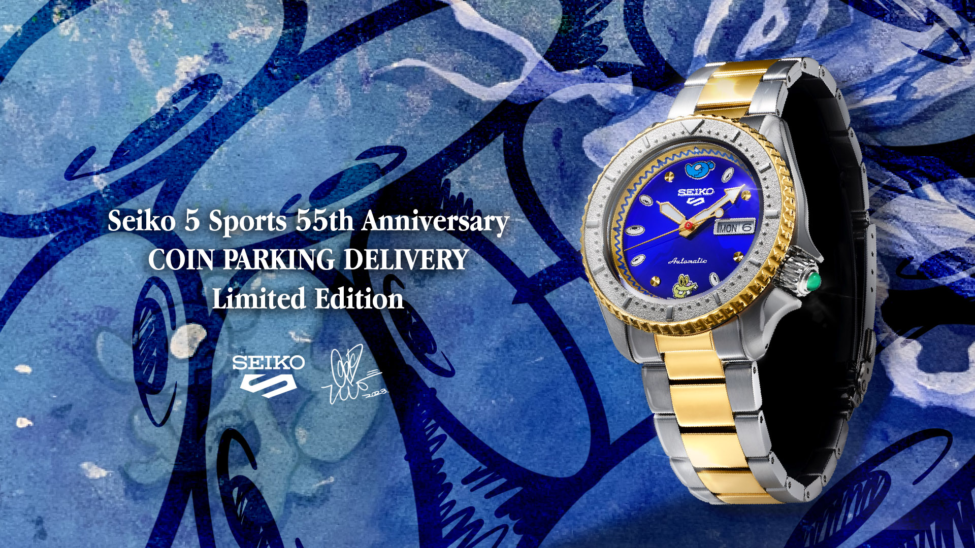 Relógio mecânico Seiko 5 Sports de edição limitada, criado em colaboração com o artista japonês Coin Parking Delivery.