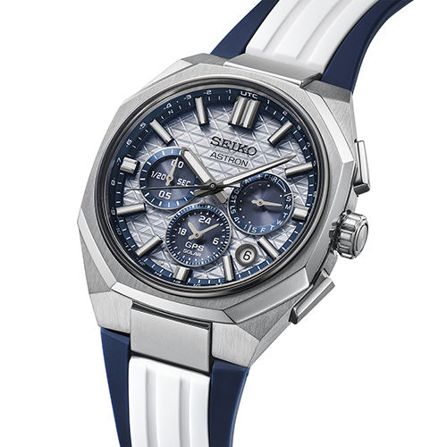 Relógio Seiko Astron HAB004J1 com bracelete adicional em silicone azul e branca exclusiva da edição limitada.
