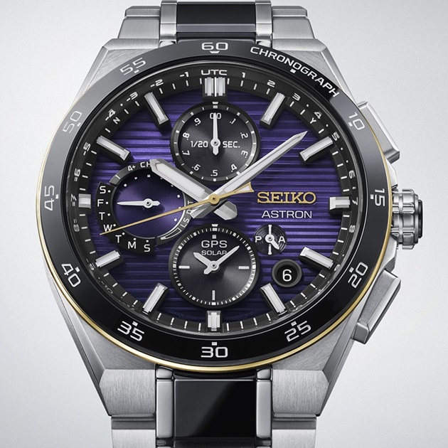 Detalhes do mostrador roxo de Edo do relógio Astron HAB011J1, edição limitada comemorativa do 145º aniversário da Seiko.