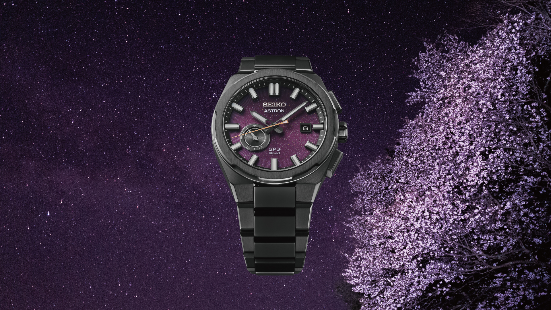 Seiko Astron GPS Solar SSJ029J1: edição limitada inspirada por cerejeiras em flor sob o céu estrelado.
