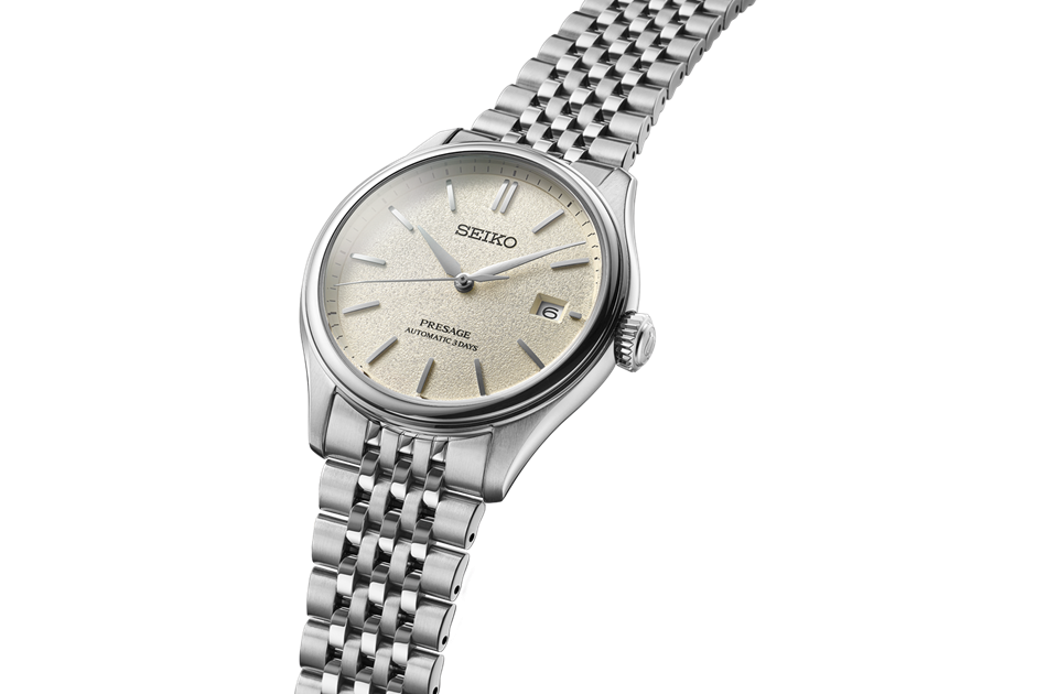 Detalhes do mostrador curvo dos relógios Seiko Presage Classic.