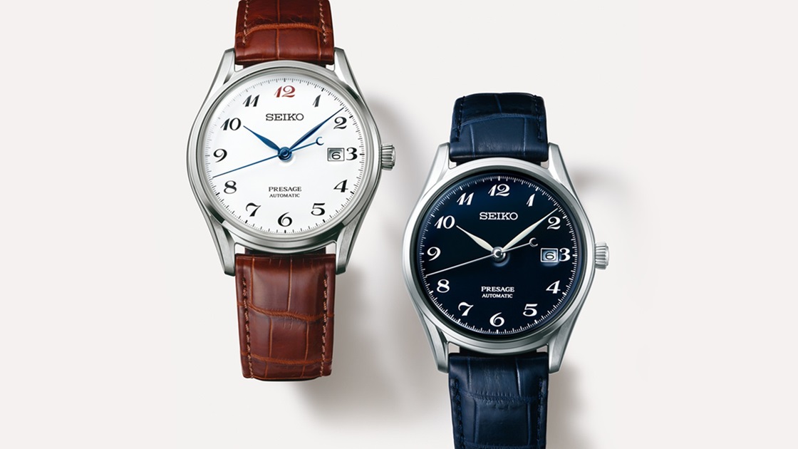 Relógios Seiko Presage x Riki Watanabe: relógios mecânicos clássicos, um com mostrador branco e bracelete castanha; outro em tons de azul escuro.