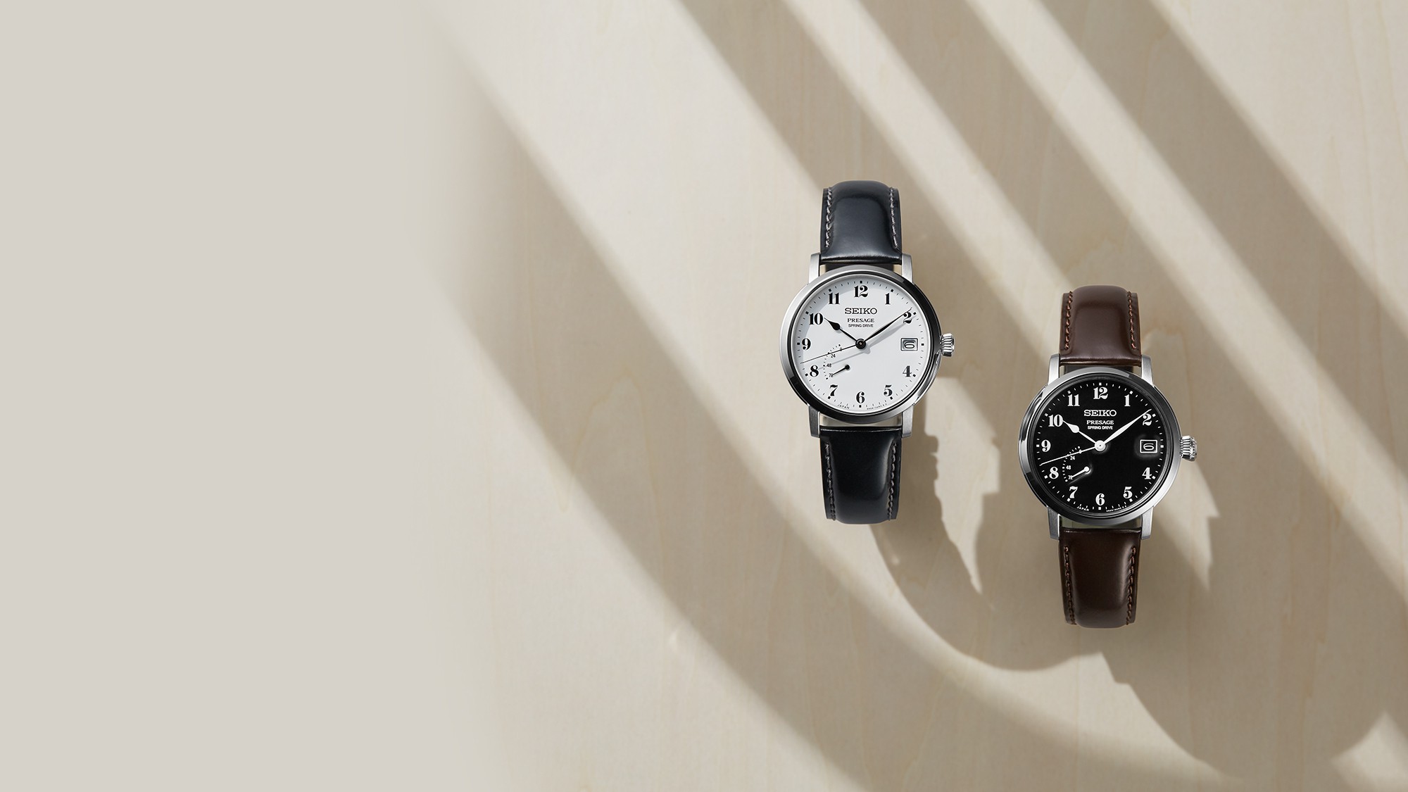 Colecção Seiko Presage x Riki Watanabe Design: relógios mecânicos com bracelete em pele castanha, nas versões com mostrador preto ou branco.