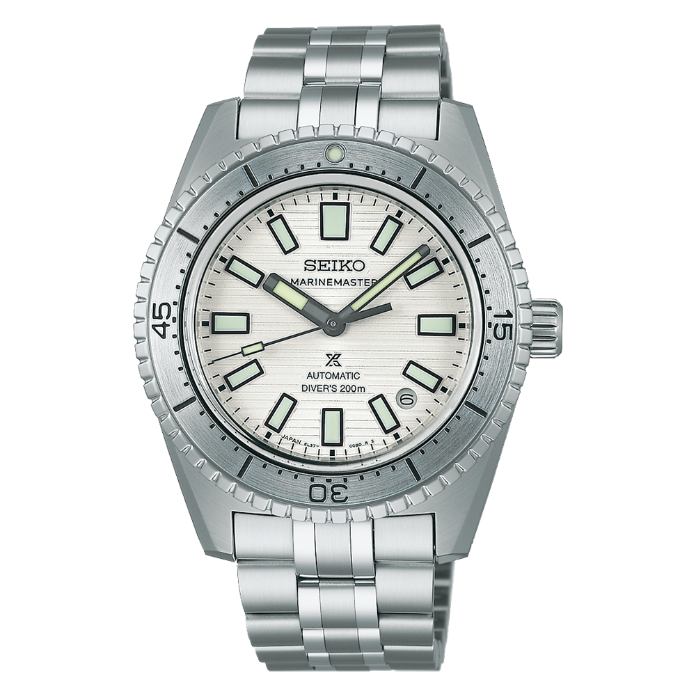 Seiko Prospex Marinemaster SJE097J1 com Calibre 6L37 e mostrador branco.