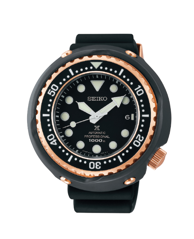 Relógio de mergulho Seiko Prospex SLA042J1, modelo Tuna preto com detalhes em tom ouro rosa e caixa de protecção exterior, equipado com o Calibre 8L35.