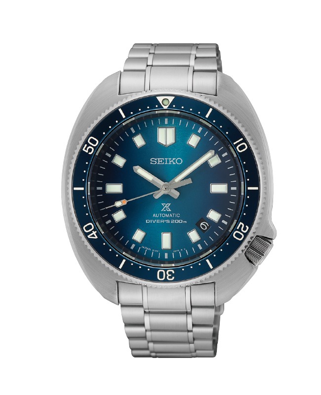 Relógio de mergulho Seiko Prospex Turtle SLA063J1 em aço com mostrador e bisel azuis, equipado com o Calibre 8L35. Reinterpretação Moderna do Diver's Automático de 1970 de edição limitada.