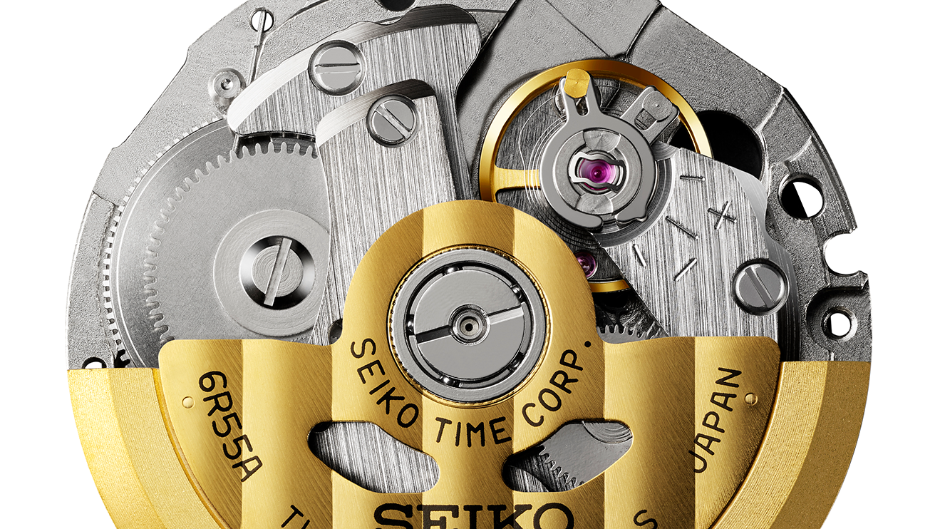 Detalhes do calibre 6R55, um movimento mecânico automático Seiko com 72 horas de autonomia.