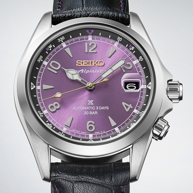 Detalhe do mostrador roxo do relógio Prospex Alpinist HBC006J1, edição limitada dos 145 anos da Seiko.