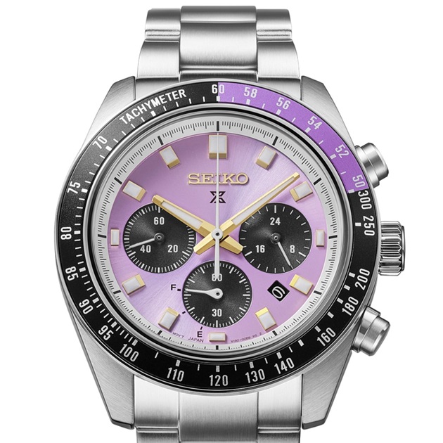 Detalhes do mostrador violeta do relógio Seiko Prospex Speedtimer HBJ005, edição limitada dos 145 anos da marca.