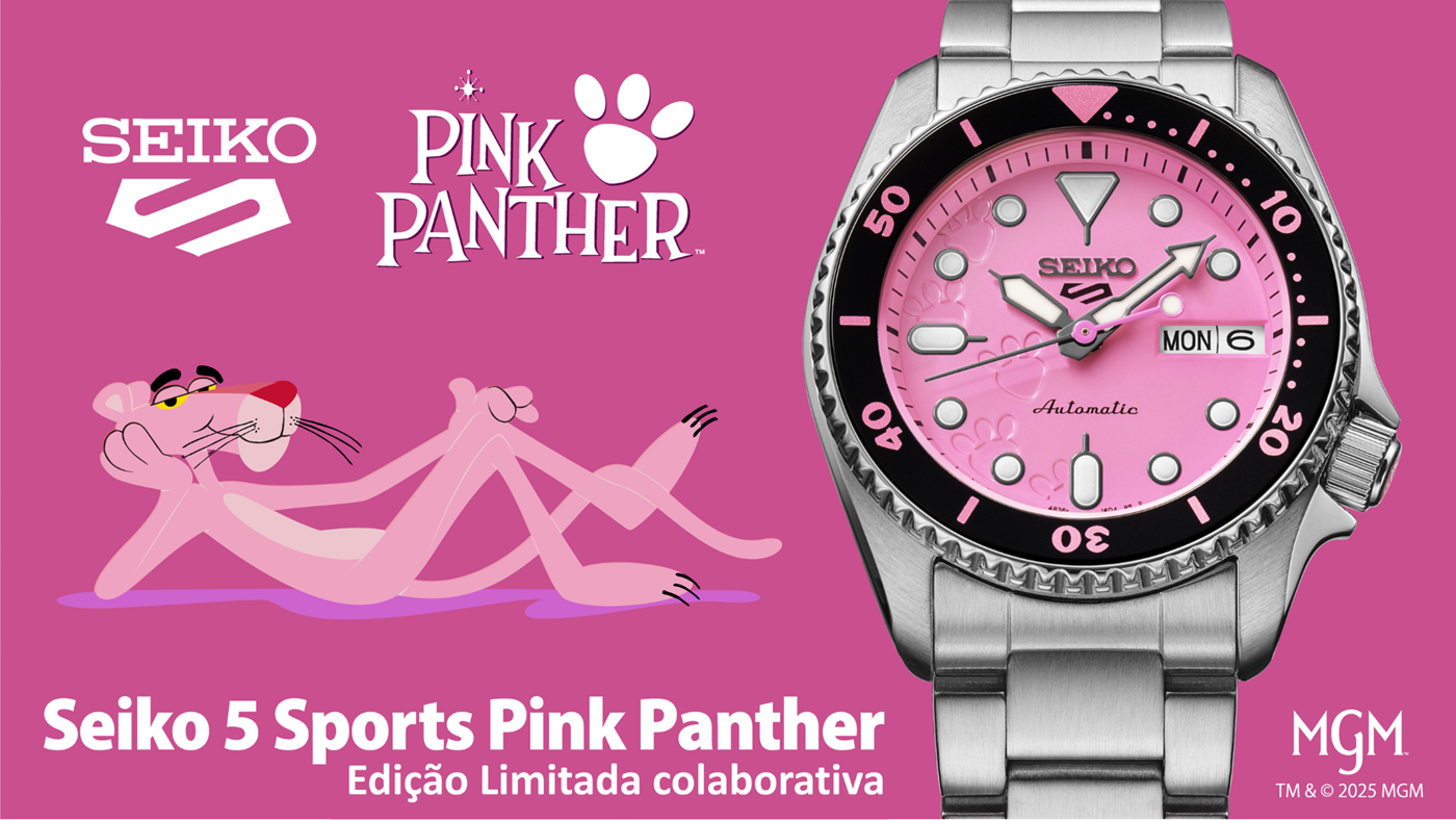 Relógio edição limitada Seiko 5 Sports Pink Panther SRPM07K1.